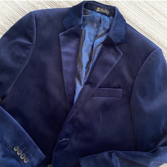 NWT Tazio Navy Velvet Notch Lapel Tuxedo Jacket Blazer Fully Lined size 38 - Picture 1 of 12